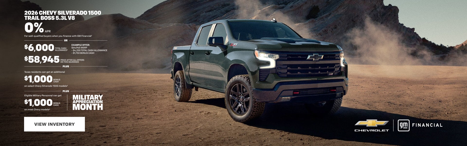 2026 Chevy Silverado 1500 Trail Boss 5.3L V8. 0% APR For well-qualified buyers when you finance w...